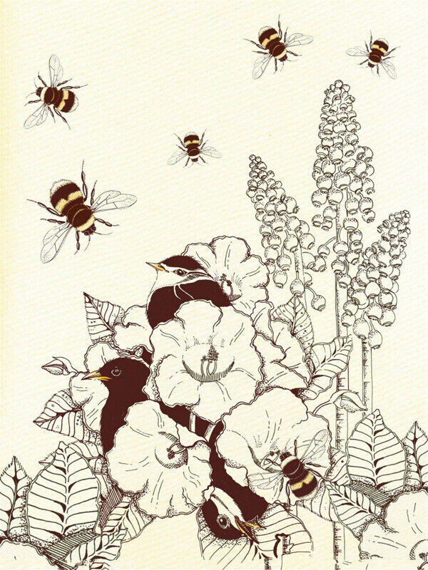 水彩花丛蜜蜂小鸟插画