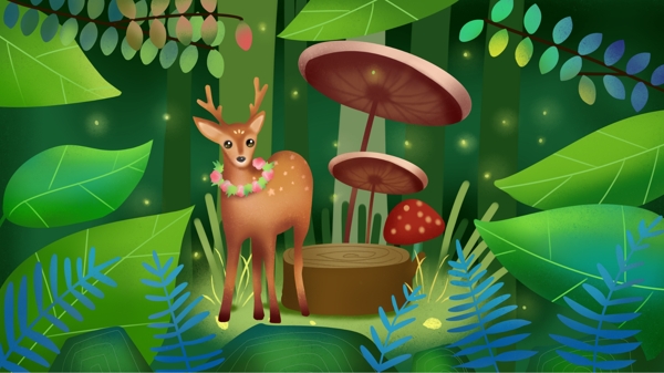 可爱童话治愈森林与鹿插画海报