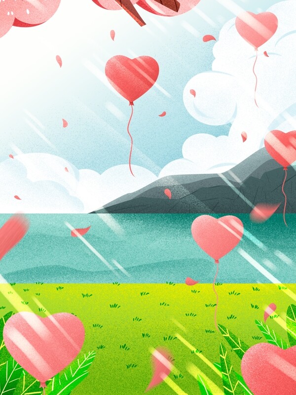 清新海滩爱心气球花瓣背景设计
