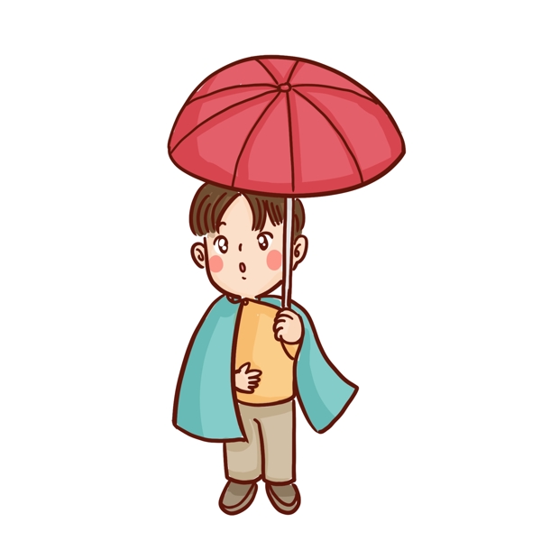卡通可爱穿着雨衣撑着雨伞的小男孩