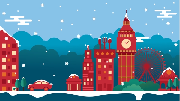 下雪城市剪影之伦敦原创插画