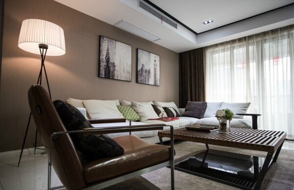 现代时尚客厅浅褐色沙发椅室内装修效果图