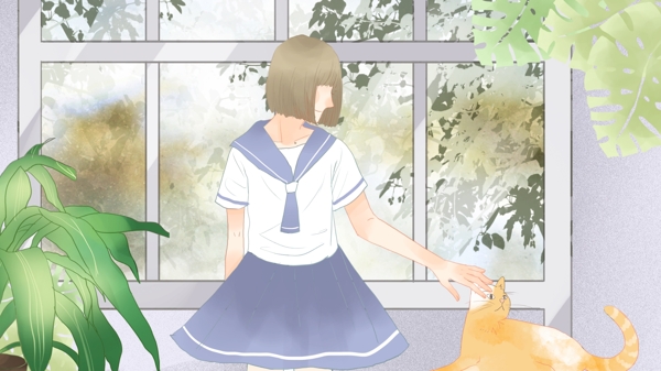 简约清新日常生活穿水手服的女孩与橘猫