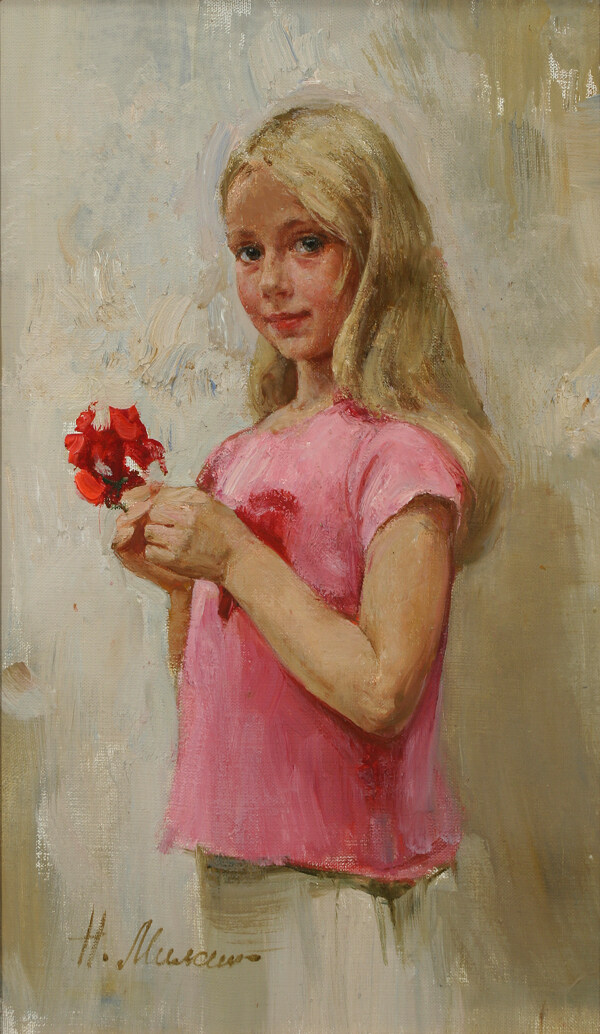 拿着红花的小女孩油画图片