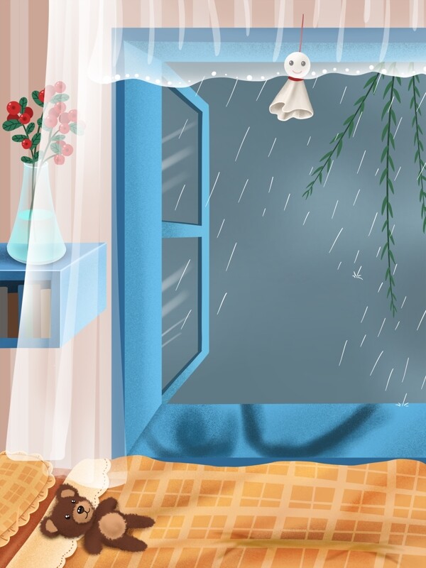 清新谷雨节气窗外柳条背景设计