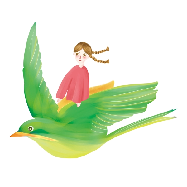 卡通鳥背上的少女人物png元素