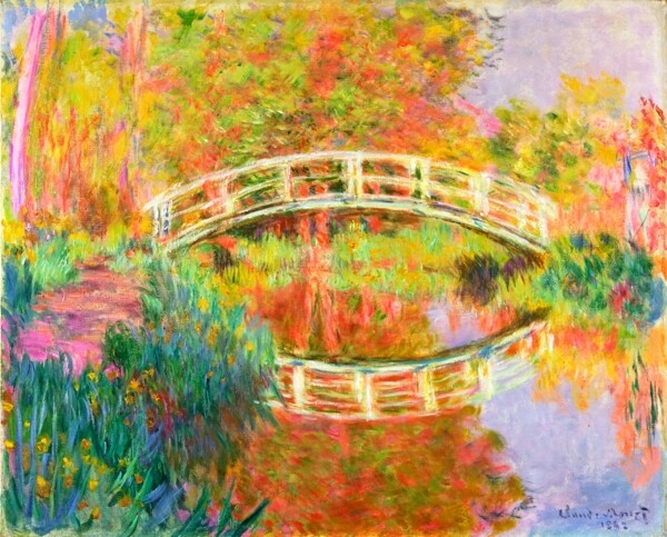 色彩鲜艳的拱桥芦苇油画