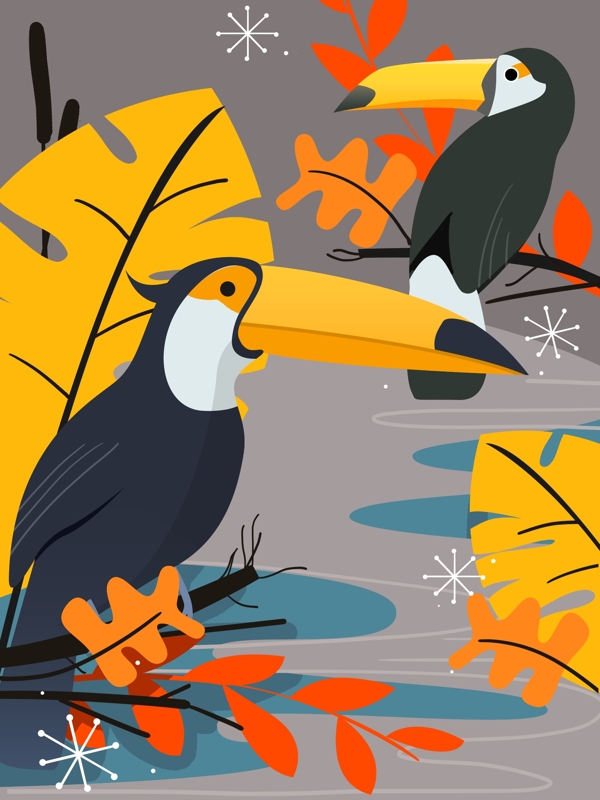 动物鸟类植物叶子鹦鹉自然简约扁平印象插画