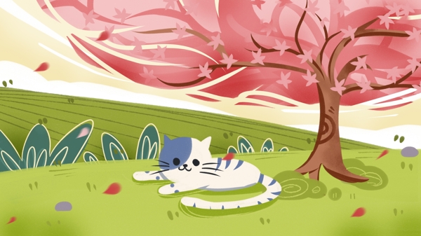 猫咪宠物樱花树下春天野外森林插画手绘海报