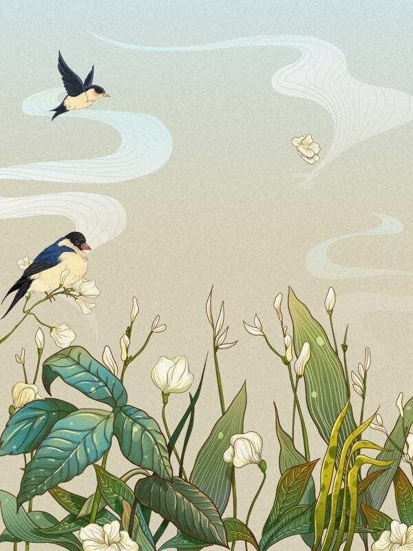 手绘春季花丛小鸟背景设计