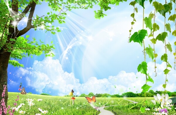 阳光明媚草原大树彩色蘑菇天空