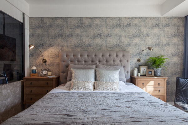 现代时尚卧室浅色花纹背景墙室内装修效果图