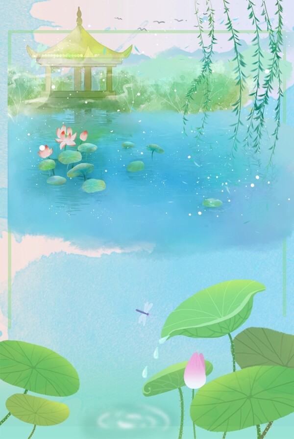 夏季荷塘亭子背景图片