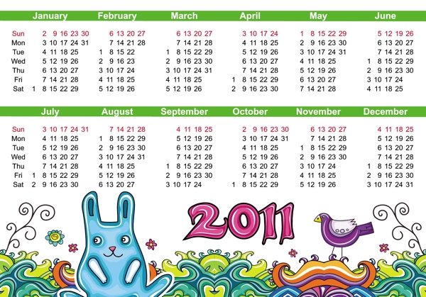 可愛的手繪2011年歷矢量
