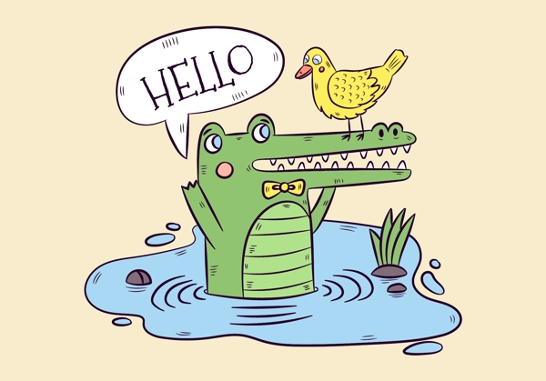 手绘卡通鳄鱼动物插画