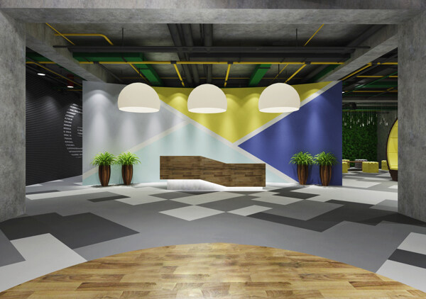 现代创意办公室多彩背景墙工装装修效果图