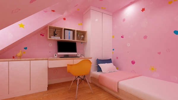 粉色榻榻米儿童房效果图