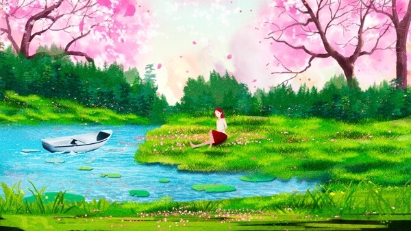 小清新夏日湖边旅游赏樱花插画