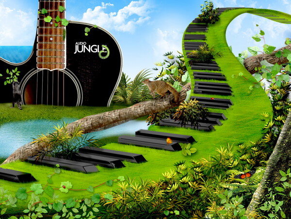 音乐丛林大树电吉他绿地键盘高清壁纸