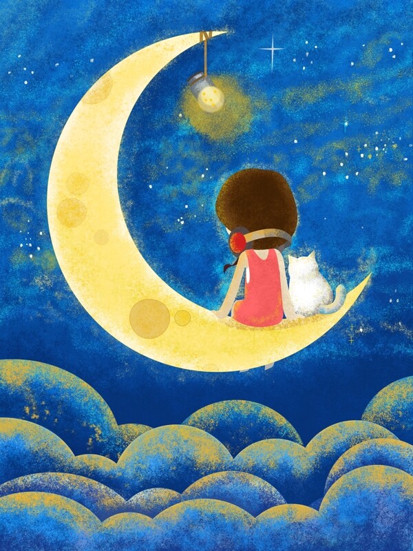 夜空星空月亮猫女孩