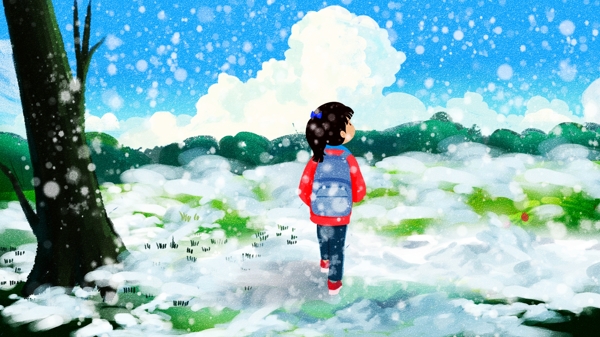 唯美清新冬季雪景创意冬日私语冬日上学插画
