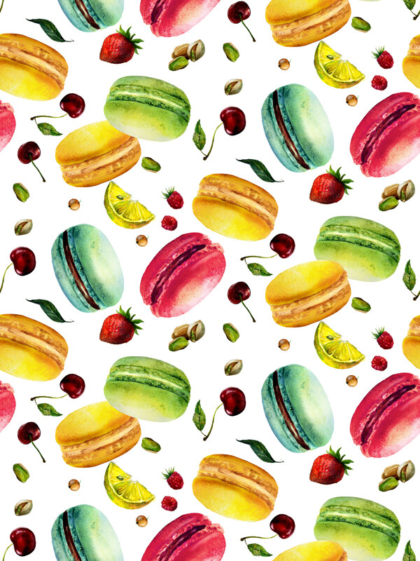 水彩绘马卡龙和水果
