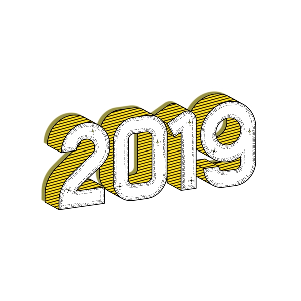 卡通手绘可爱2019年条纹黄色艺术字白色新年