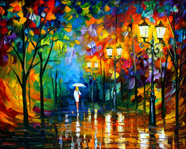 油畫雨夜漫步圖片