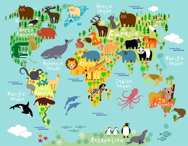 手绘野生动物世界地图