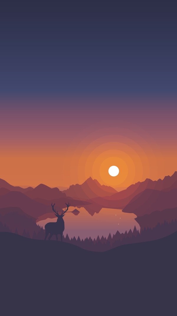 简约湖面夕阳风景矢量插图设计