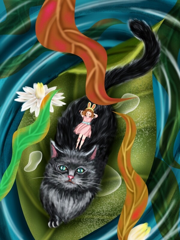 猫之日湖水叶子泛舟猫咪女孩幻想创意色彩