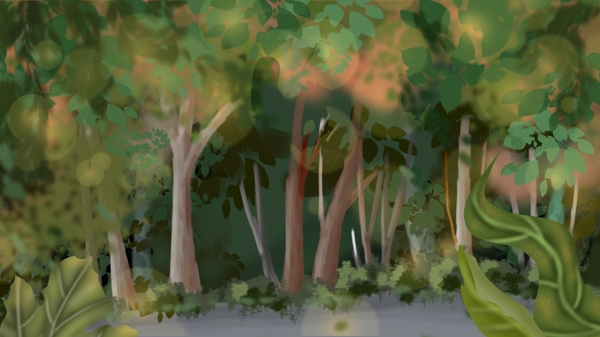 简约绿色唯美手绘树林插画背景设计