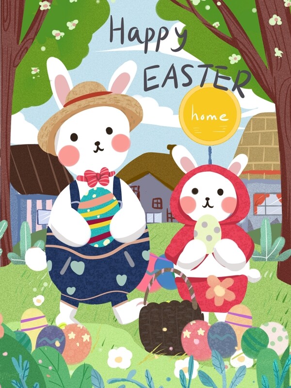 复活节和兔子过节日吧可爱小清新儿童插画