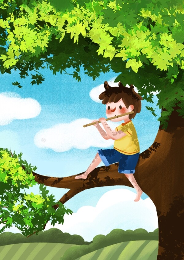 春天春季男孩坐树上吹笛子小清新