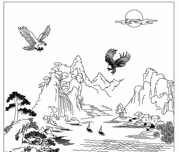 双鹰飞舞线描图图片