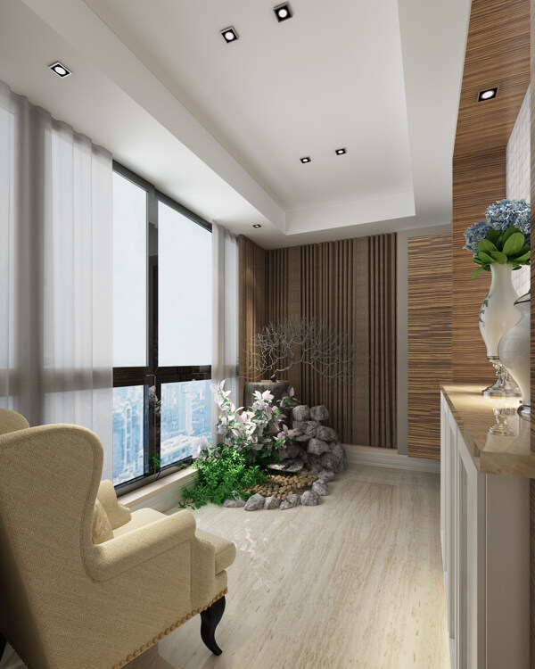 美式清新客厅白色薄纱窗帘室内装修效果图