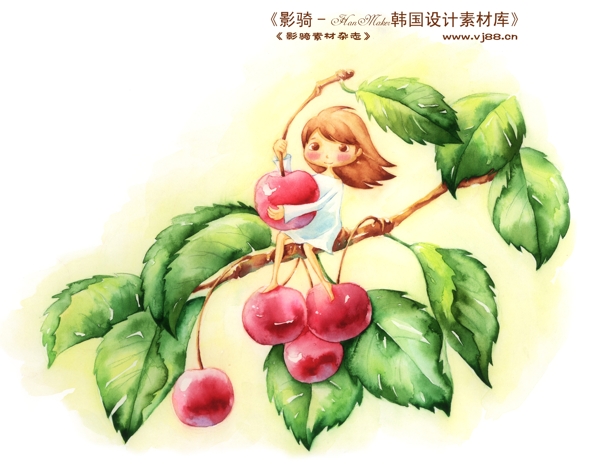 HanMaker韓國設(shè)計(jì)素材庫背景卡通漫畫淡彩兒童女孩葉子櫻桃