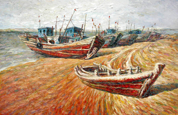 海滩上的渔船油画图片