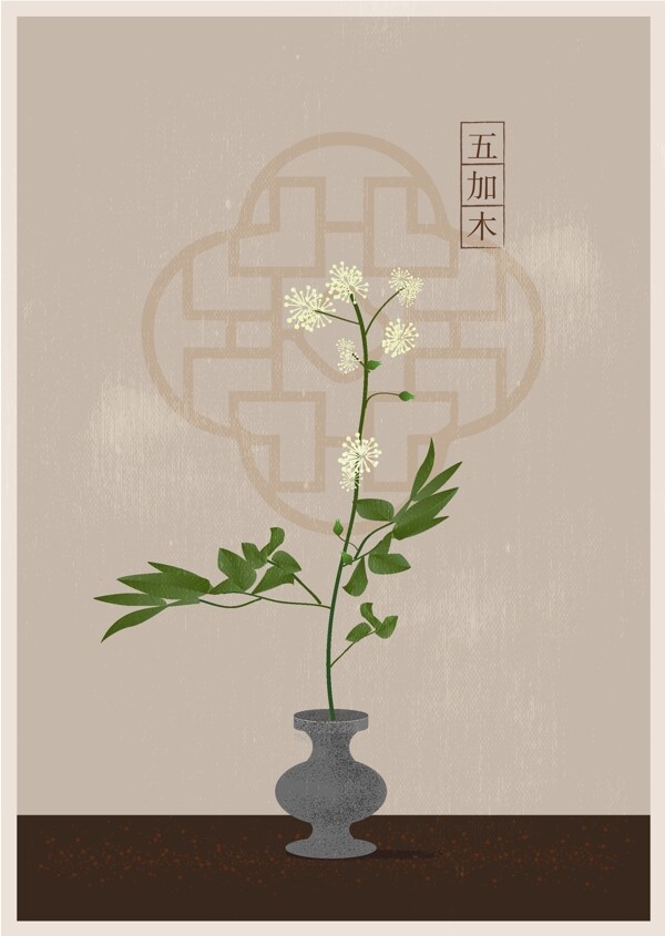 中国风植物五加木矢量插图