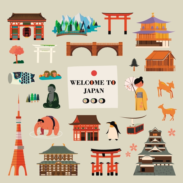 日本旅游手绘标志性建筑矢量素材