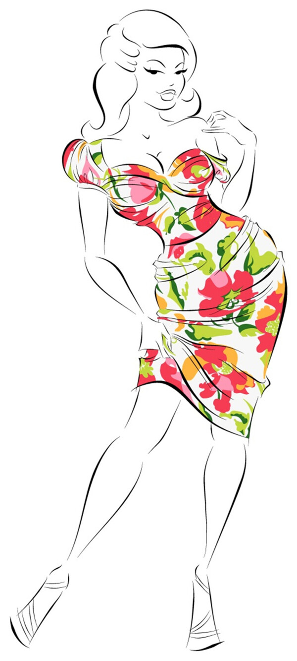 低胸花朵紧身裙设计图