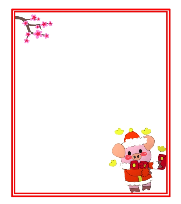 新年粉色卡通小猪怀抱红包边框