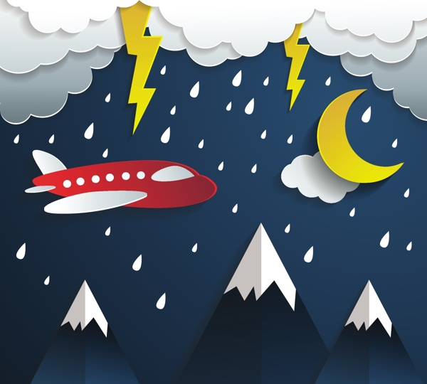 卡通夜晚在雨中飞行的飞机矢量素材