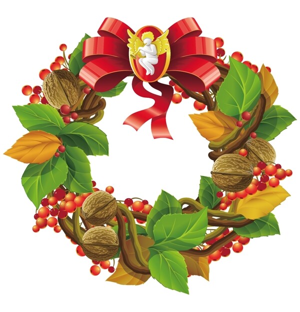 矢量花環(huán)紅花綠葉核桃藤條天使