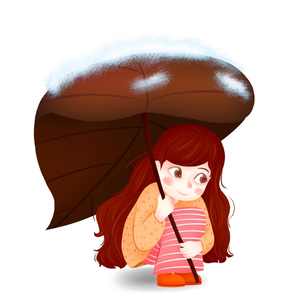 下雪天撑着树叶雨伞的女孩