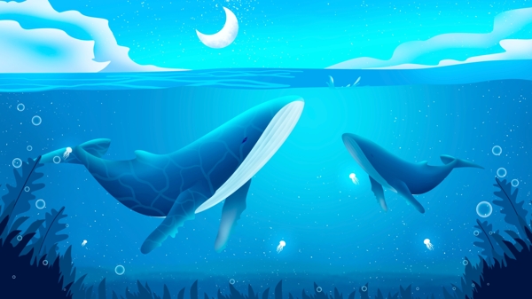 蓝色海洋中的嬉戏的两只鲸鱼卡通背景