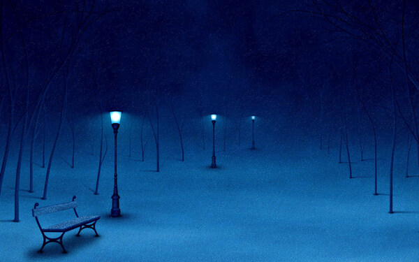 夜幕雪地上的路灯