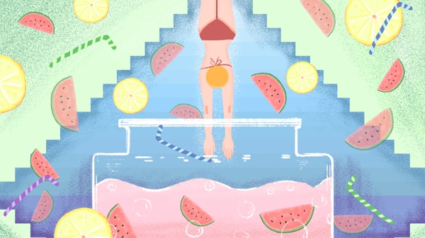 處暑游泳夏天插畫