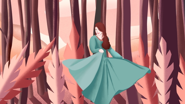 你好秋天树林中跳舞的长裙女孩手绘海报插画
