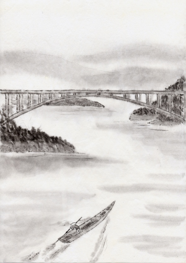 桥梁河流风景国画图片